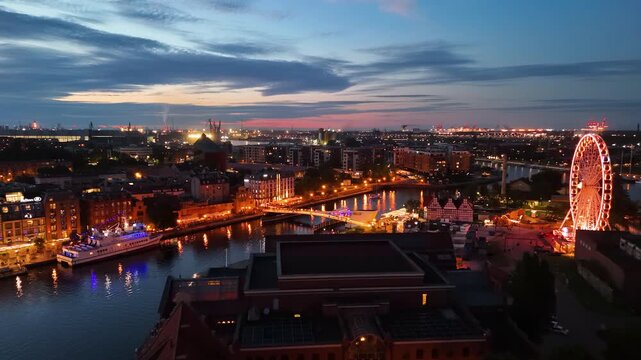 Old town night evening lighting city center view from above flyover Gdansk Poland