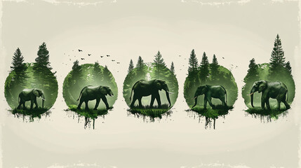 Minimalist Poster Design for World Elephant Day in Zoos Featuring Elegant Elephant Silhouettes and Forest Background