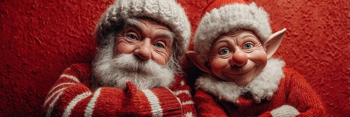 Two cheerful holiday characters with bright smiles posing against a festive red background during the winter season celebration