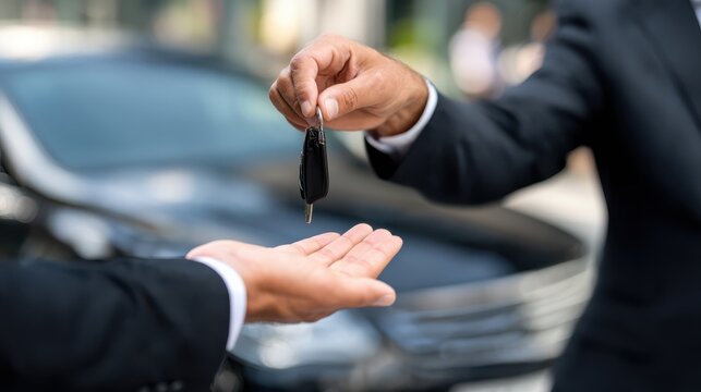 In a modern urban environment, two professionals engage in a car key handover, signifying the transfer of vehicle ownership. The setting showcases sleek buildings and a luxury car