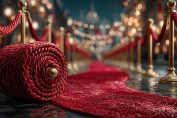 Luxurious red carpet rolls out for glamorous evening event at a grand venue adorned with soft lights