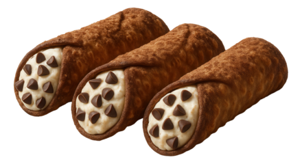 A cocoa-dusted cannoli with visible chocolate chips on a decorative platter