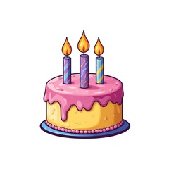 Colorful cartoon birthday cake illustration featuring three lit candles on top. Cake pink frosting dripping down sides of yellow cake layers. Festive dessert perfect for parties, celebrations, joyful