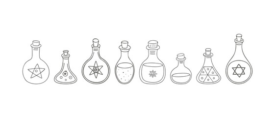  Set of flasks with mystical sign, outline drawing, magic bottles, poison, witchcraft, chemistry, alchemy, potion making.