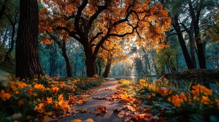 Vibrant autumn forest pathway illuminated by sunlight in a serene park landscape