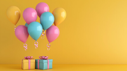 3d illustration. Balloons and gift box on yellow background. Minimal and Birthday party concept.