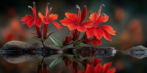 Bright red flowers bloom on rocky shores by a tranquil water surface in a natural setting during golden hour