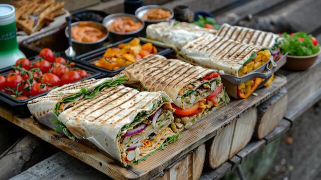selective focus variety of sandwiches wraps and quick snacks prepared for an easy camping meal