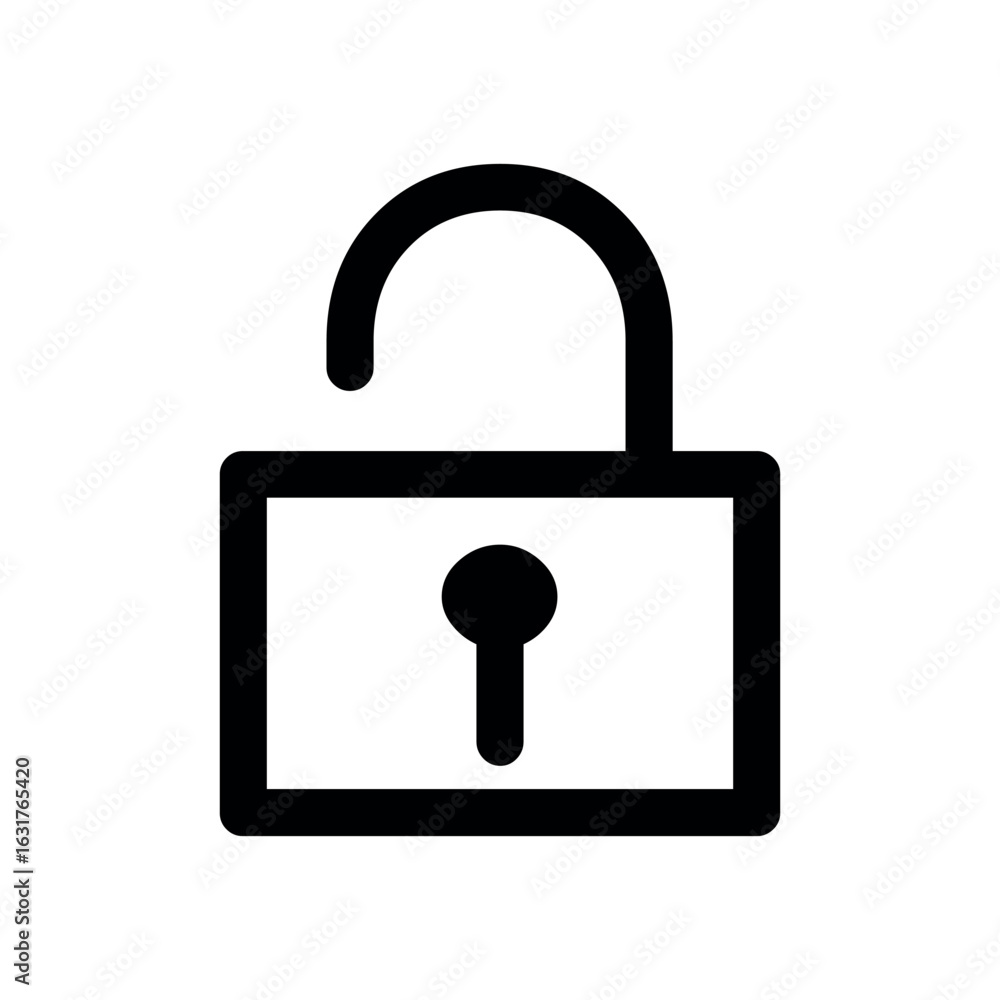 Poster simple black outline drawing of an unlocked padlock with the shackle open and keyhole visible