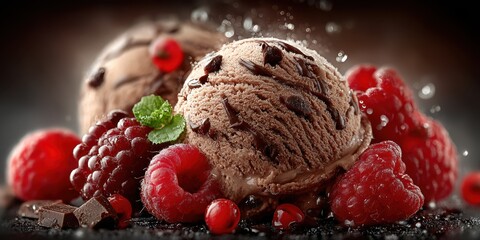 Chocolate ice cream scoops with fresh berries served on a dark background for a delicious dessert experience
