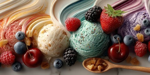 Colorful assortment of ice cream scoops with fresh fruits and nuts on a textured background
