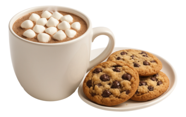 A steaming mug of frothy cocoa topped with mini marshmallows, paired with a plate of chocolate chip cookies.