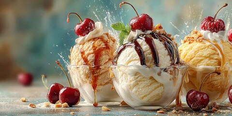 Indulging in delicious ice cream sundaes with cherries, whipped cream, and chocolate drizzle