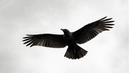 Fototapeta premium Black crow in mid flight, wings spread wide against light sky. Detailed feathers visible. Symbol of mystery, freedom, nature power. Ideal for concepts related to wildlife, ornithology, symbolic