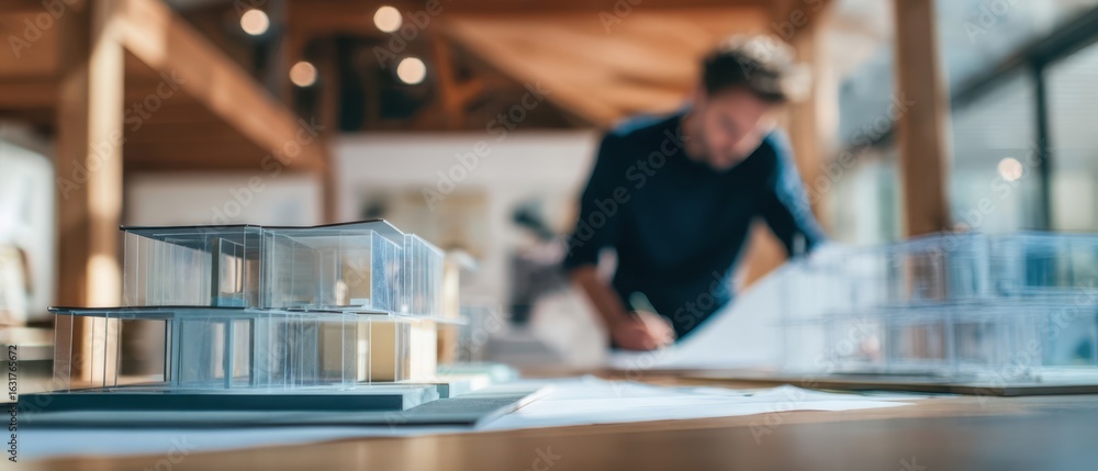Poster the architect studying detailed models in a modern workspace setting.