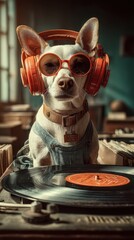 Dog with headphones plays vinyl records in a cozy music studio during the afternoon
