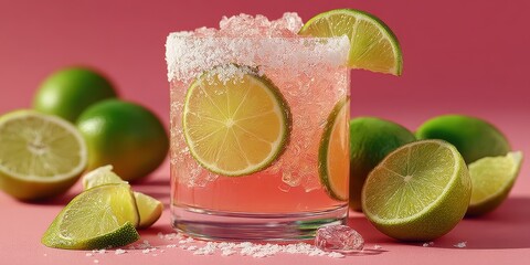 Refreshing cocktail with lime slices and salt against a pink background featuring whole limes