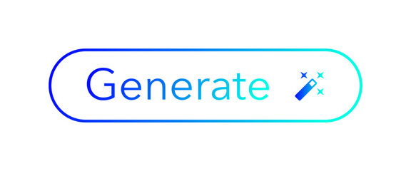 A 'Generate' button for Generative AI. A glowing blue and cyan gradient button with a magic wand icon. A modern UI element for artificial intelligence apps and tech websites. Transparent PNG, SVG.