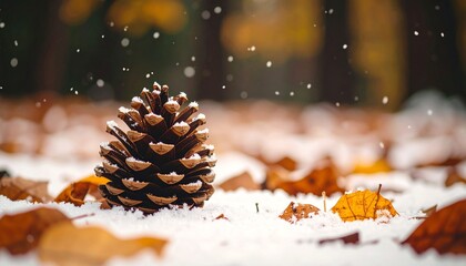 Solitary pine cone on forest floor, lightly dusted with snow, amidst fallen leaves, dark background