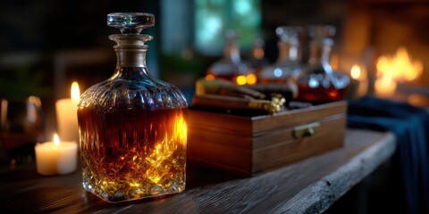 Elegant glass decanter filled with amber liquor surrounded by candles and wooden box during a cozy indoor setting