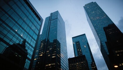 Obraz premium Modern glass skyscrapers reflect dusk sky. Urban architecture features glass facades, windows, illuminated office spaces. Cityscape displays symmetry, modern design elements, creating impressive