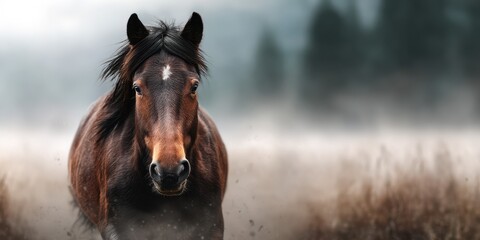 Majestic horse galloping through foggy meadow in early morning light