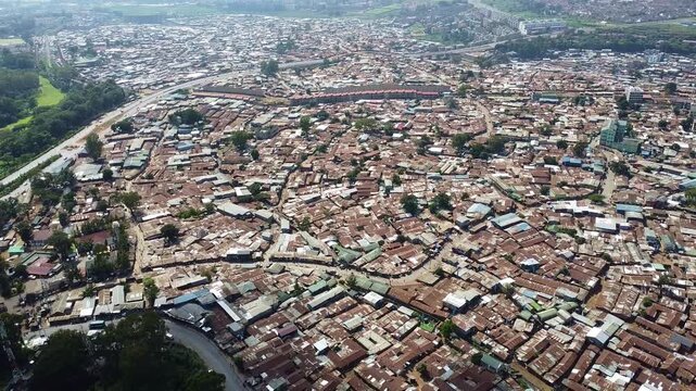 Aerial View Captures the Dense Urban Landscape of Kibera Slums in Nairobi, Kenya