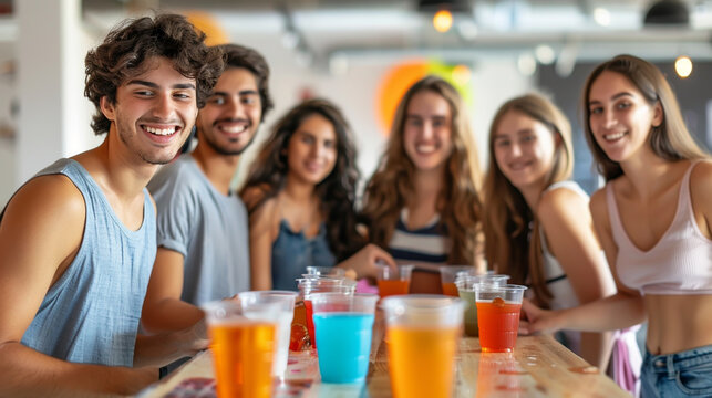Happy Young Friends Enjoying Drinks and Socializing at Casual Gathering