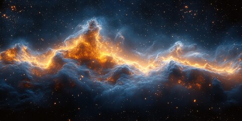 Vibrant cosmic nebula illuminating the night sky with hues of orange and blue in a galaxy far away