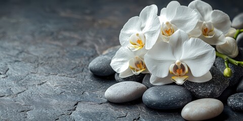Elegant white orchids resting on smooth stones in a serene arrangement for relaxation