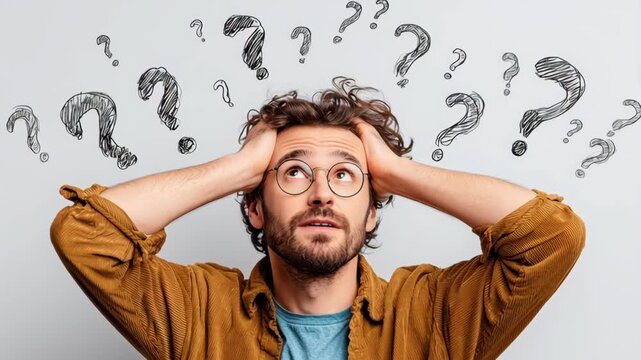 Confused Man with Glasses and Curly Hair Surrounded by Question Marks on Gray Background Expressing Uncertainty