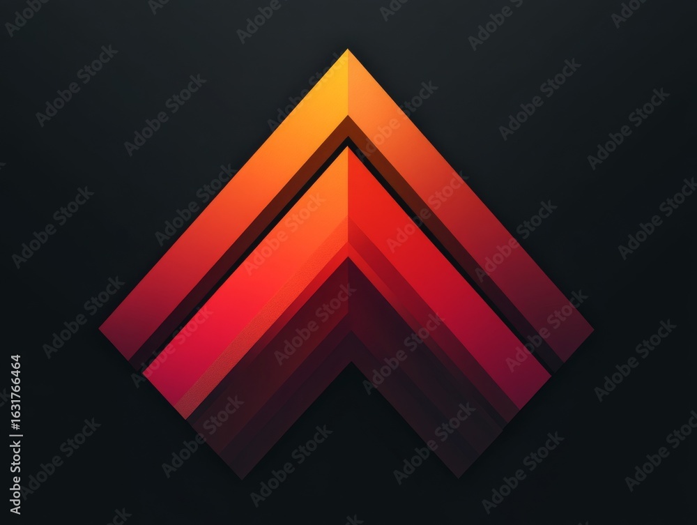 Poster abstract geometric arrowhead pattern with gradient red to yellow on a dark background, symbolizing g
