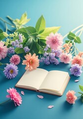 A springtime arrangement of flowers and an open notebook.