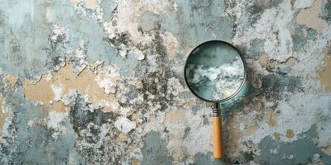 Exploring texture and detail of an aged wall with a magnifying glass in a neutral indoor setting