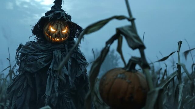 halloween pumpkin scarecrow in moonlit field