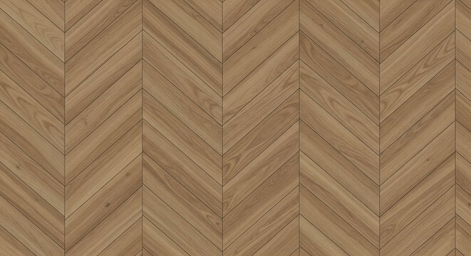 A detailed top-down view of a rustic wooden floor with a natural, knotty oak herringbone parquet pattern
