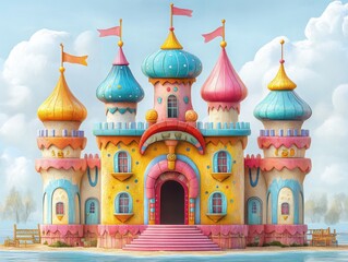 Fototapeta premium Enchanting Candy Castle by the Sea: A Whimsical Fantasy Landscape with Playful Architecture and Dreamy Pastel Colors Inviting Imagination and Joy