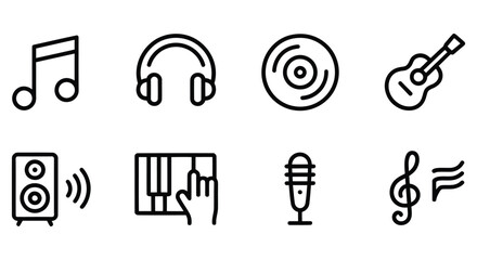 Musical notes headphones guitar speaker piano microphone record