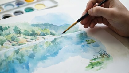 Artist uses watercolor paints to create serene lake landscape. Soft blues, greens blend on paper, tranquil nature scenes. Captures peaceful moments, artistic hobby, creative learning, skillful