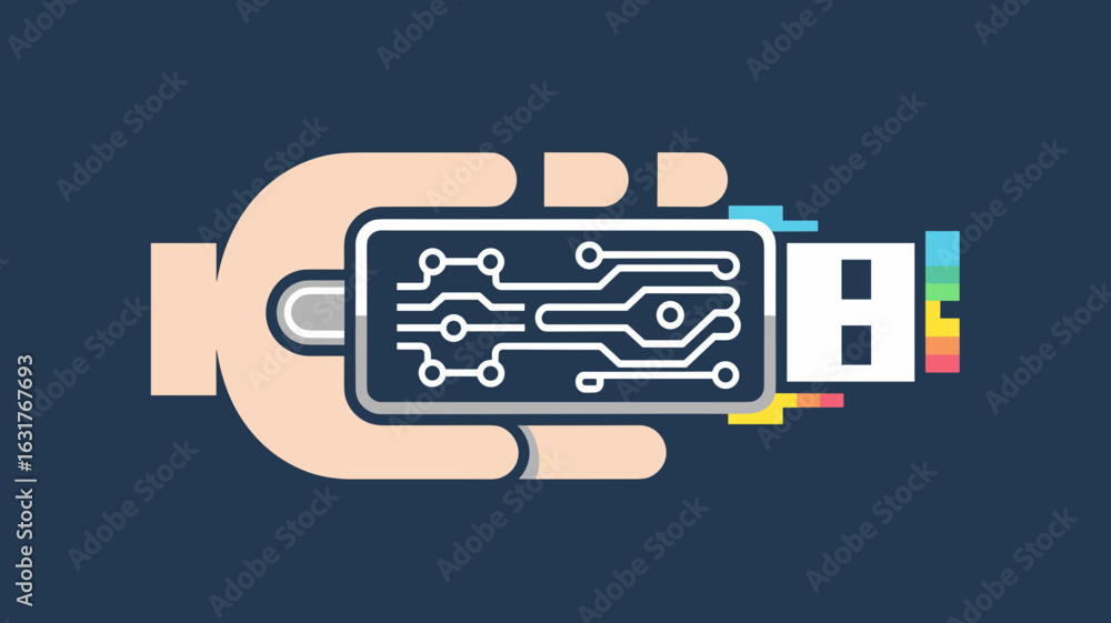 Poster glitching usb stick held by hand with visible circuits – suitable for cybersecurity warnings, malwar