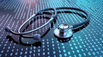 Digital Health: An emblematic stethoscope rests upon a glowing digital matrix, merging medical care with the cutting-edge world of technological innovation.