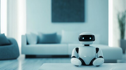 Small robot sits neatly in modern living room, showcasing contemporary design and innovative technology