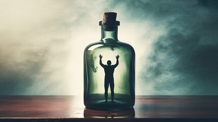 Trapped silhouette of a man with raised arms inside a green glass bottle, symbolizing confinement and isolation