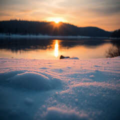Soft pastel colors, contrasting chiaroscuro lighting illuminating sparkling snow at sunset over a calm lake. Strong contrasts, deep shadows, gentle soothing atmosphere.