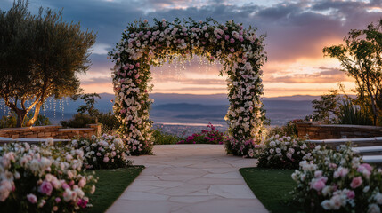 Fototapeta premium Lush wedding arbor decorated with pastel roses, olive branches, and lace mesh flowing to the ground, sunset sky glowing orange and pink behind it, creating a magical atmosphere