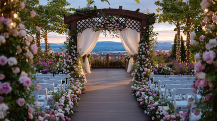 Naklejka na ściany i meble Romantic wedding ceremony arbor adorned with layers of soft pink and ivory roses, ivy vines curling through latticework, backlit by glowing sunset, with sheer net drapes swaying ge