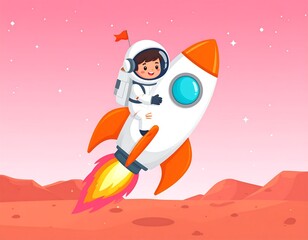 A child astronaut in a rocket ship over a red planet