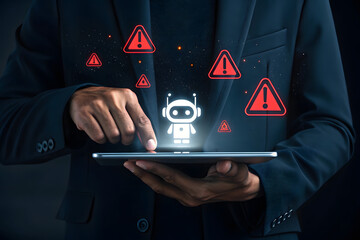 Person in dark suit touching tablet with glowing robot and warning signs image