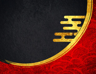 黒い背景の金色と赤の和風アート