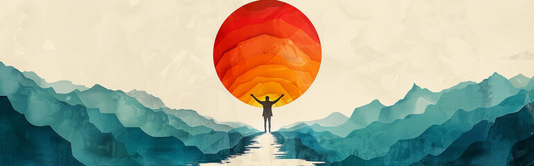 Minimalist Poster for World Humanism Day - Vibrant Sun and Mountains in Abstract Design